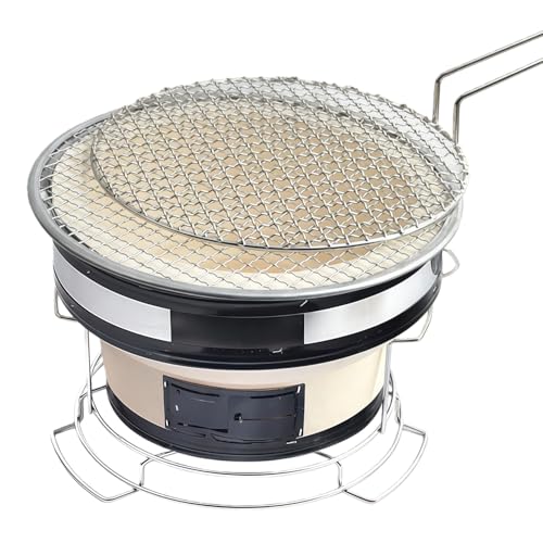 Quxxuol バーベキューコンロ 炭火焼きコンロ 焚き火台 セラミック火鉢 バーベキューグリル 焼肉プレート 丸型七輪 ポータブル 焼き網付き耐高温性 お手入れ簡単 やけど防止 室内屋外用 (焼き網 + クロスグリル)
