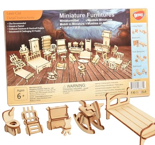 BOHS 34-Piece Dollhouse Furniture Set -1/24 Scale, Laser Cut Wooden 3D Puzzles - Miniature Doll House DIY Models and Accessories