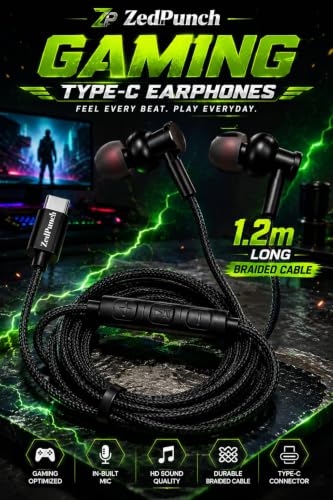 Image of Gaming Type-C Wired Earphone with Mic, 10mm Dynamic Bass Driver, Magnetic in-Ear Headphones, Low Latency Sound for Gaming, 3 Button Control, HD Calling, Voice Assistant, (Black)