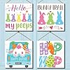 4 Pcs Happy Easter Door Sign Wooden Bunny Rabbit Easter Wreaths Welcome Sign Wall Hanging Plaque Farmhouse Holiday Decorations Wall Pediments for Home Front PorchBunny and Carrot Pattern