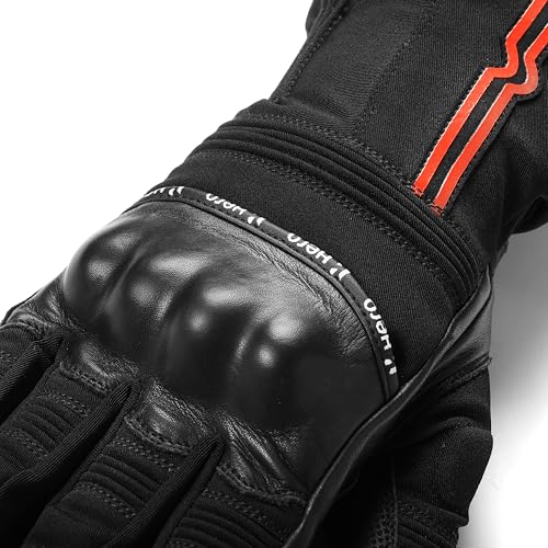 Image of Hero MotoCorp Long Leather and Polyester Full Riding Gloves - Knuckle & Palm Slider Protection, Touch Screen Sensitive, with Extended Cuff (Size L)