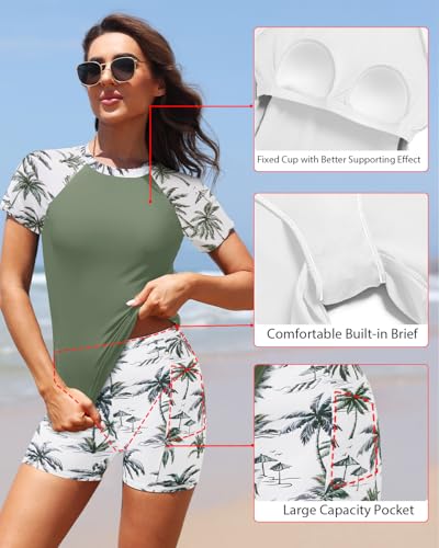 Image of Daci Short Sleeve Rash Guard 2 Piece Swimsuits with Bord Shorts | Sun Protection,Two Pockets,Clolor Block,High Waisted Short,High Neck,Quick Dry
