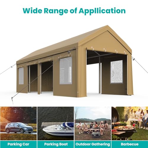 13x25ft Carport, Heavy Duty Carport with Reinforced Steel Poles, Upgraded Portable Garage with Doors & Window, UV Resistant All-Season Waterproof Tarp, for Car, Truck, Boat (Yellow)