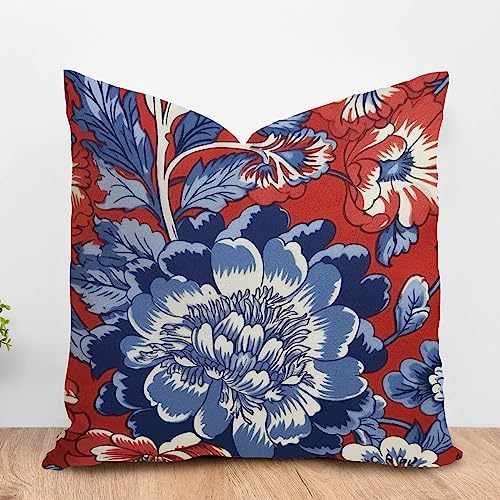 ArogGeld Watercolor Blue Flower Farmhouse Throw Pillow Cover Red and Blue Chinoiserie Floral Peony White Linen Cushion Cover Chinoiserie Accent Pillow for Living Room Bedroom 24x24in