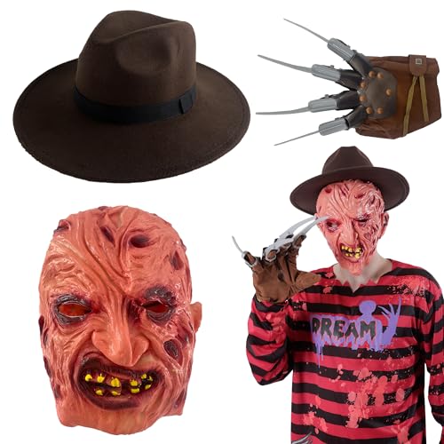 Carnavalife Disfraz Freddy Krueger Niño Hombre Adulto, Guante Garra Mano Freddy Krueger,Mascara Freddy Kruegge, Sombrero Freddy Kruegger para Disfraz Halloween (Garra+Sombrero+Mascara)