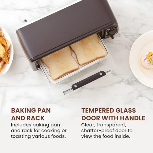 Hands using compact microwave oven in kitchen setting