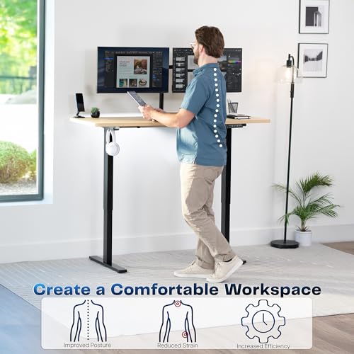 Image of VIVO Electric 60 x 24 in Standing Desk, Memory Height Adjustment, 1B Series, Holds 220 lbs, One-Piece Light Wood Top, Black Frame, DESK-KIT-1B6C