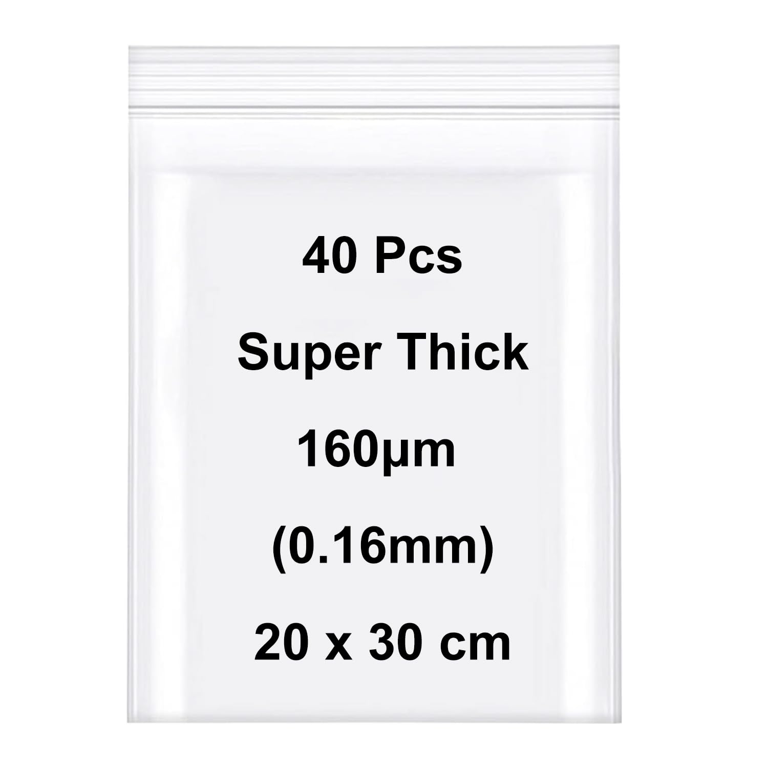 Doerspace Clear Resealable Plastic Seal Bags, Super Thick Zip Lock Storage Bags, Reusable Press Seal Polythene Pouches, Sealable Storage Baggies, Thickness 160Μm(0.16Mm) (40, 20X30cm)