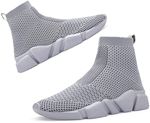 Santiro All Grey High Top Sneakers for Women Lightweight Walking Sock Shoes Knit Casual Running Shoes Gym Athletic Shoes 9.5 US