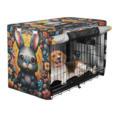 Housse imperméable cage chien chat motif lapin fleur jaune bleu protection extérieur