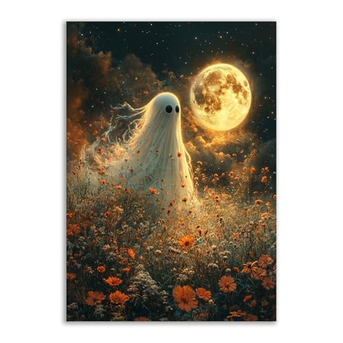 Tableau moderne sur toile fantôme et fleurs sauvages Halloween 70x100cm
