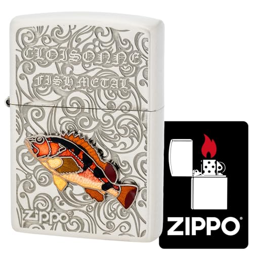 KAJIKAWA(カジカワ) Zippo ジッポ ライター 防風 真鍮製 七宝メタル メタル貼り エッチング 古美仕上げ 特製ステッカー付き シルバー AN-カサゴ