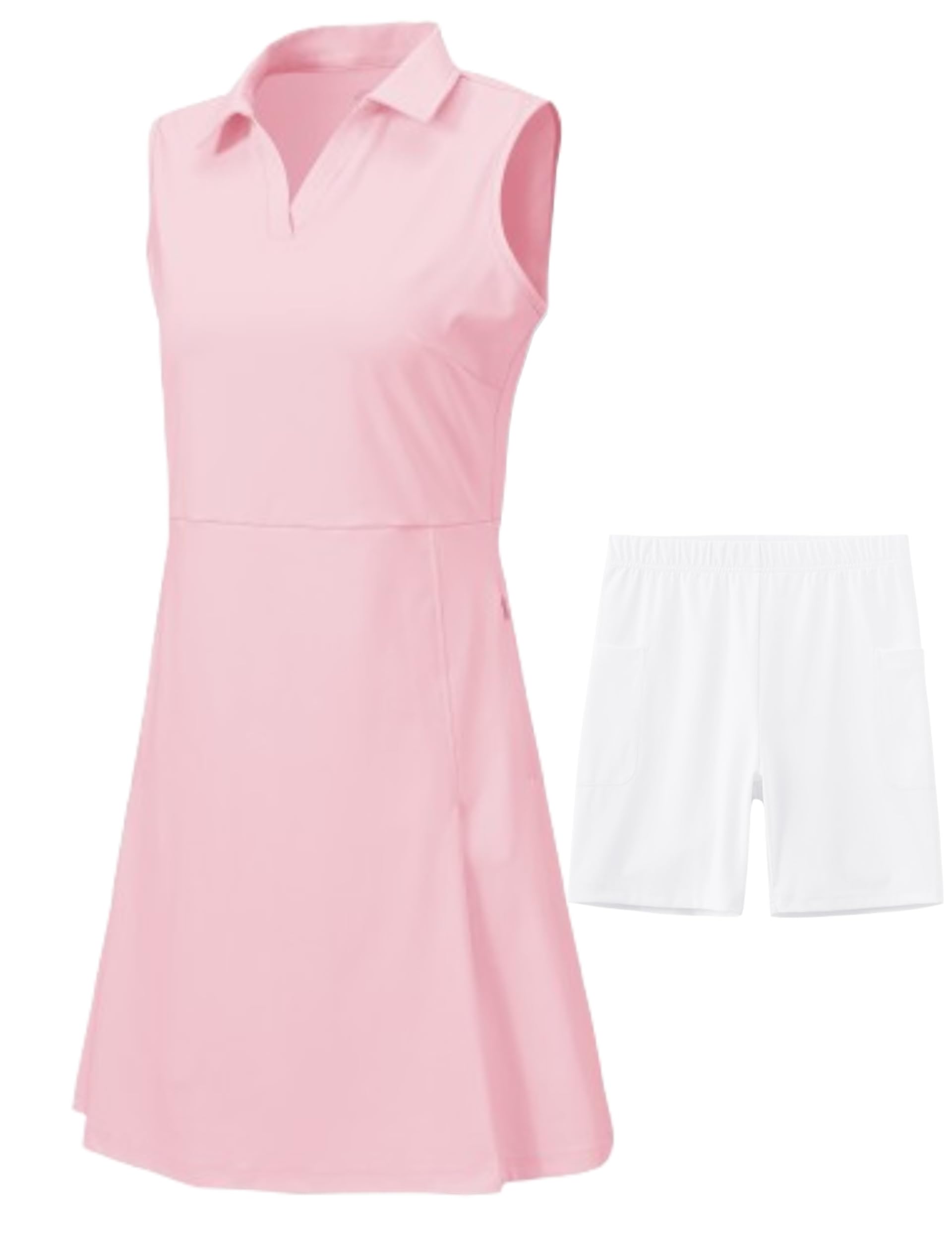 MoFiz Mujer Vestido de Tenis sin Mangas con Pantalones Cortos Verano Vestido de Polo Cuello en V Deportivo Golf Dress con Bolsillos