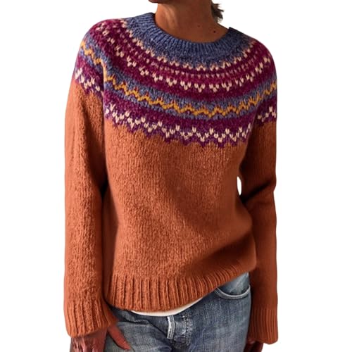 Fair Isle Sweater Women Fall Knitted Vintage Embroidered Sweaters Crewneck Stripes Long Sleeve Casual Boho Tops Orange #4 Medium