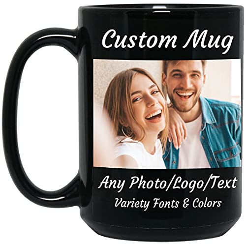 Custom Photo Mug Personalized Coffee Mug, 15oz Black Mug, Add Any Pictures Logo and Text on Customized Coffee Cup, Personalized Gift for Family Friends, Unique Gift for Birthday Anniversary