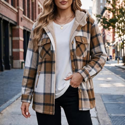 fartey Plaid Fleece Jacket Women Hooded Flannel Button Shacket with Pockets - image 7