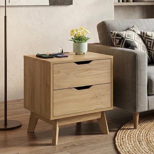 ELISA HOME Nordica 2 Drawer Nightstand with Charging Station, Bedside