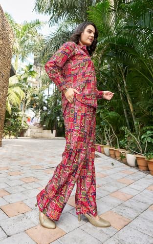 Image of KESUDI Women's Printed Co-ord Set | Multicolour Ethnic Pattern Co-ord Set | Long Sleeve Shirt with Wide-Leg Trousers Co-ord Set