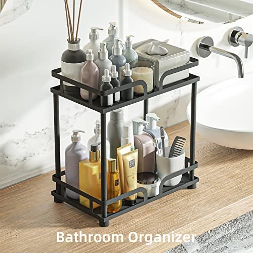 Sekepingo 2-Tier 100% Metal Sturdy Standing Bathroom Countertop Storage Shelf Tray,Kitchen Spice Rack,Under Cabinet Sink Organiser Baskets, Office Organization