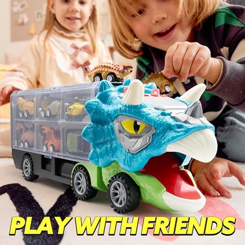 Image of JOYIN 13 in 1 Dinosaur Toys for Kids 3-5, Triceraptor Dinosaur Truck with 12 Pull Back Cars, Birthday Gifts Toys for 3 4 5+ Year Old Boy, Transport Carrier Truck