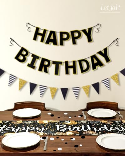 Image of Letjolt Happy Birthday Table Runner, Black and Gold, 72 Inches (Pack of 2)