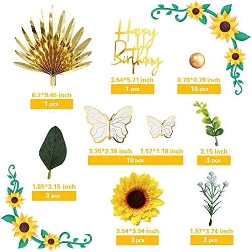 Ufromsky 34Pcs Sunflower Boho Cake Toppers Butterfly Cake Decorations Happy Birthday Cake Toppers With Gold Palm Leaves Balls And Artificial Plants For Sunflower Theme Birthday Wedding Party Supplies #TOP1