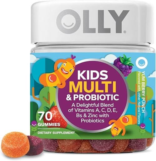 Fits OLLY Kids Multivitamin & Probiotic Gummy, Digestive Support, Vitamins A, D, C, E, B, Zinc, Chewable Supplement, Berry Flavor, 70 Count (Pack of 1)
