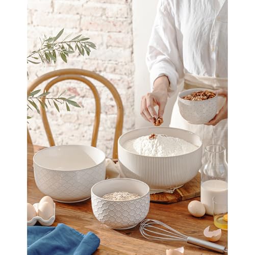 Mikiegy Ceramic Mixing Bowls Set of 4, Nesting Ceramic Embossment Stoneware Mixing Bowls for Cooking, Serving, Popcorn, Salad etc, Microwave & Dishwasher Safe, 20/44/98/145 oz, Off-White - Image 3