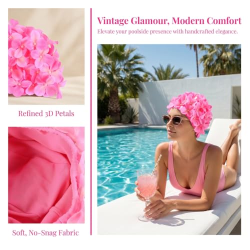 Image of Housoutil Flower Swimming Caps, Floral Swim Cap Women, Vintage Flower Swimming Hat with Handcrafted Petals, Soft Fabric Breathable Bathing Hat for Pool Spa Accessorizing (Pink)