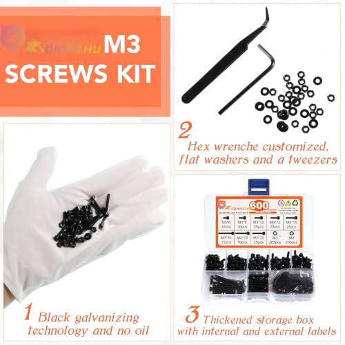 Image of DIANZHU M3 Allen Bolts Assortment Kit 600 Pcs 12.9 Tensile Hex Socket Head