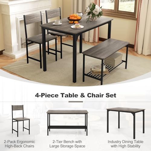 Image of Giantex Dining Table Set for 4, Kitchen Table with Bench and Chairs, Industrial Gathering Bench Dining Set W /Metal Frame & Storage Rack, Dinette Set, Modern Functional Desk Set (Grey)