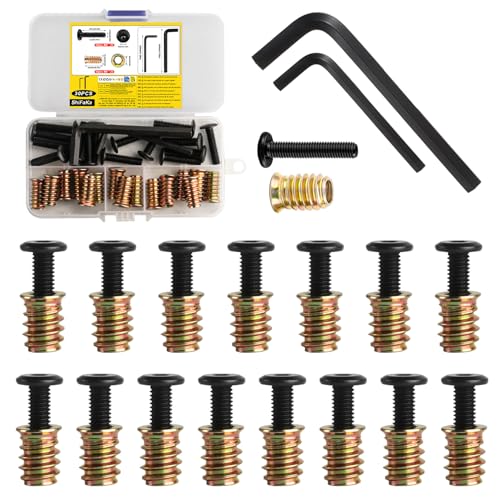 30 Pcs M6 Threaded Inserts for Wood with Bolts Set: 15 Furniture Hex Socket Drive Screw-in Nuts(M6x 20mm) & 15 Furniture Screws Flat Head Hex Socket Bolts(M6x 25mm), for Wood Furniture,with 2 Wrench