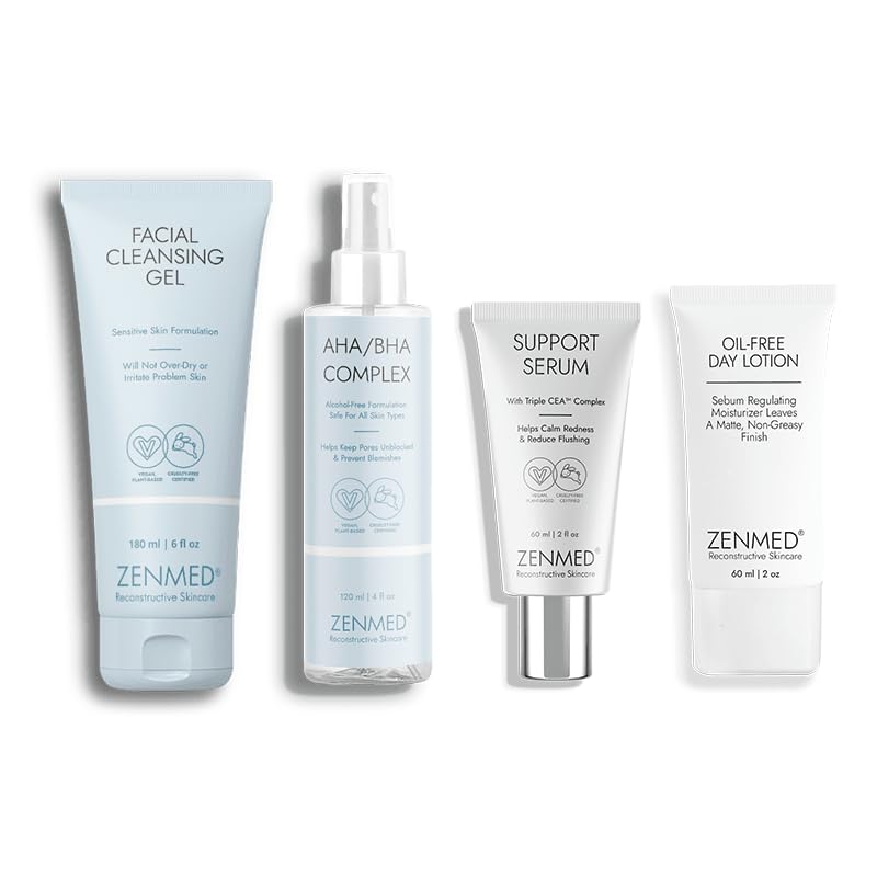 ZENMED Acne Rosacea Bundle with Facial Cleanser, Vitamin C Support Serum, Oil-Free Lotion, AHA/BHA Complex