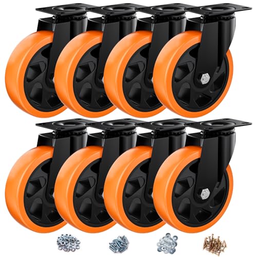 Image of 5 Inch Caster Wheels, Casters Set of 8 Heavy Duty, Orange Polyurethane (PU) Casters, Industrial Swivel Top Plate Castor Wheels for Workbench /Furniture /Cart (Pack of 8)