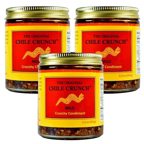 CHILE CRUNCH - Mild Spicy Crunchy Condiment - All Natural Roasted Chili Peppers, Garlic &amp; Onion Crisp Sauce - Vegan, Gluten-Free, No Preservatives - Homemade Authentic Mexican Recipe 5.5oz (3 Pack)