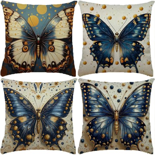 Funda Cojin Crema Paquete de 4 55x55cm Mariposa Cojines para Sofa Fundas de Cojín Cuadradas Fundas de cojín de Lino con de dos Caras Estampado para Sofá Sala de Estar Dormitorio Festival Regalo XW-172