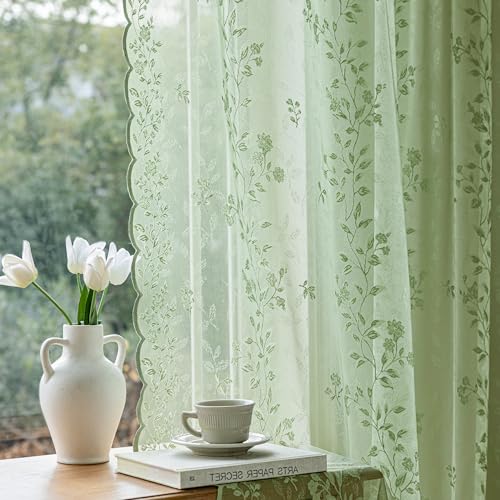 Sage Green Lace Curtains 84 Inches Long Victorian Floral Semi Sheer Curtains for Living Room Bedroom Decor Drapes Rod Pocket Light Filtering Vintage Window Curtains 2 Panels Set for Dining Room 55x84