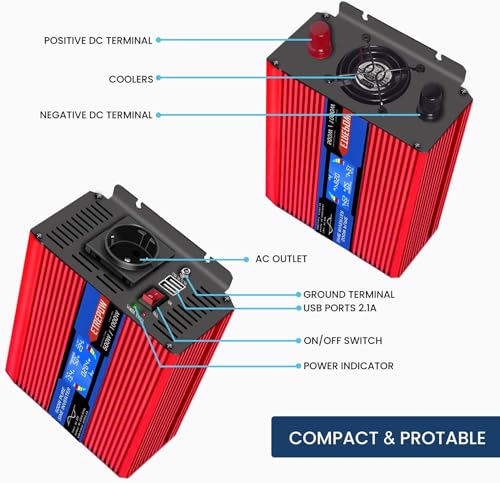 ETREPOW 500w Wechselrichter 12v auf 230v Reiner Sinus Spannungswandler mit 2 USB,Drahtlose Fernsteuerung,LCD Bildschirm -Spitzenleistung 1000w Kfz Inverter