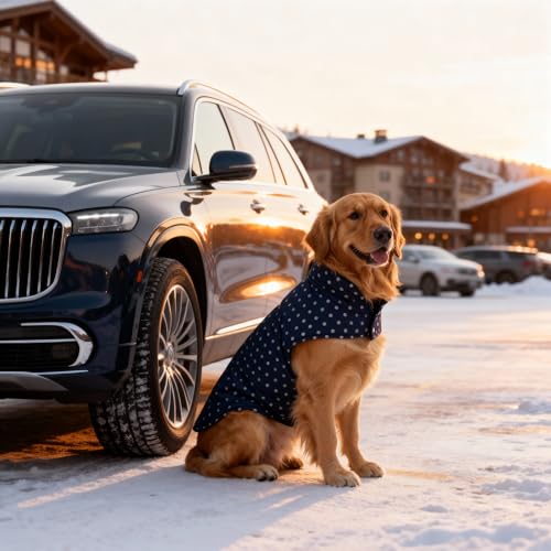 Image of Joydaog Nordic Blue Reversible Dog Jacket 24 Inch (2XL) - Navy Polka Dot x Quilted Blue | Fits Golden Retriever, Labrador, German Shepherd | Warm Winter 2-in-1 Coat