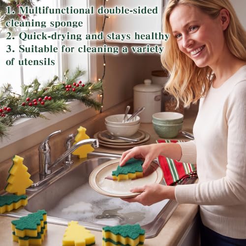 Image of Tioncy 12 Pack Christmas Tree Kitchen Sponges Bulk Green and Yellow