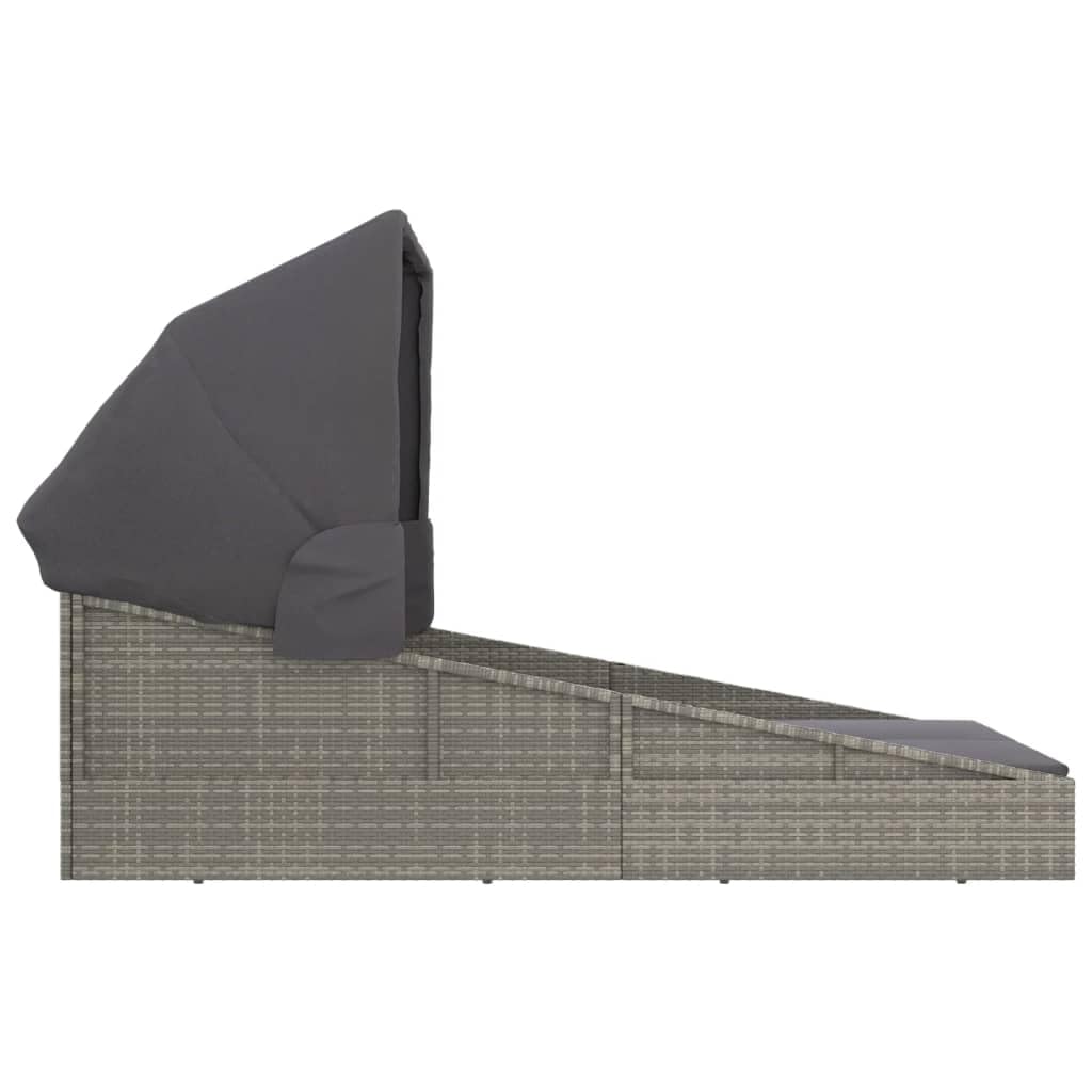Lettino da giardino con tetto pieghevole in polyrattan, resistente alle intemperie e pieghevole, 200 x 114 x 128 cm, per terrazza, balcone, piscina, con imbottitura e protezione solare
