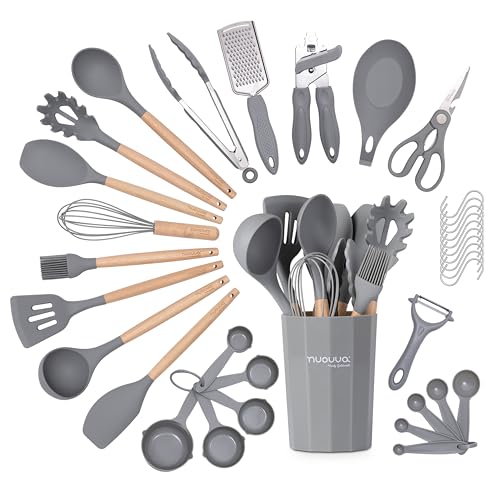 Kitchen Non Stick Cooking Utensils Set – Heat Resistant Silicone Utensils with Wooden Handle – Ladles, Spoons and Spatulas Set – Kitchen Tools & Accessories – 35pcs, Grey – by Nuovva Kitchen Non Stick Cooking Utensils Set – Heat Resistant Silicone Utensils with Wooden Handle – Ladles, Spoons and Spatulas Set – Kitchen Tools & Accessories – 35pcs, Grey – by Nuovva