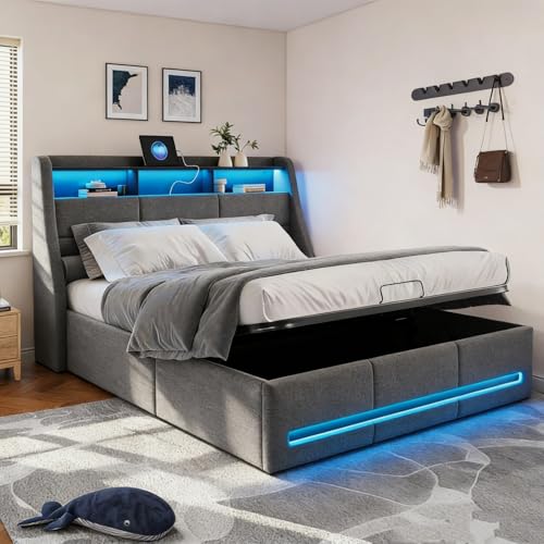 KSFASHZ Camas Hidráulico con Almacenaje y Somier, Cama Matrimonio 160x200 con iluminación LED y Carga USB, Cama Tapizada 160x200cm Canape con Cabecero y Láminas, Lino Gris