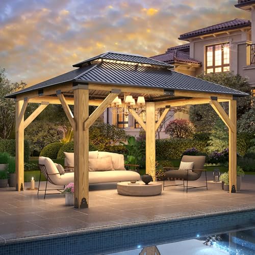 Howsvn 11x13FT Wood Gazebo, Outdoor Wooden Gazebo with Galvanized Steel Double Roof, Hardtop Gazebos for Garden, Patio, Deck, Backyard