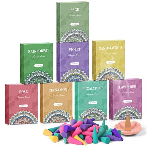 DERDUFT Incense Cones 120 Cones 8 Fragrance with Incense Holder Rose Lavender Eucalyptus Sandalwood for Home Yoga Meditation Incense Gift Pack