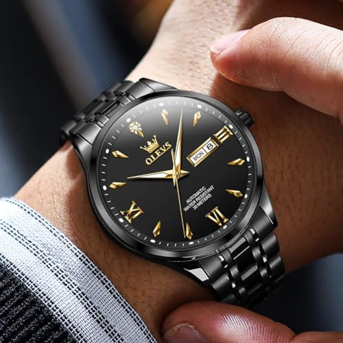 Image of OLEVS Automatic Watches for Men Self Winding Mechanical Wristwatch Luxury Business Dress Stainless Steel Luminous Waterproof Calendar Mens Watch