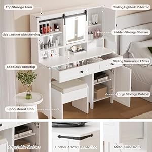 Farmhouse Vanity and Vanity Stool, Makeup Vanity Mirror with Lights, Built-in Power Strip, with 2 Silent Sliding Drawers & Storage Cabinets,2 Storage Shelves Vanity for Bedroom, White Farmhouse Vanity and Vanity Stool Makeup Vanity Mirror with Lights Built in Power Strip with 2 Silent Sliding Drawers Storage Cabinets2 Storage Shelves Vanity for Bedroom White