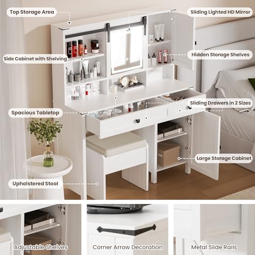 Farmhouse-Vanity-and-Vanity-Stool-Makeup-Vanity-Mirror-with-Lights-Built-in-Power-Strip-with-2-Silent-Sliding-Drawers-Storage-Cabinets2-Storage-Shelves-Vanity-for-Bedroom-White Farmhouse Vanity and Vanity Stool Makeup Vanity Mirror with Lights Built in Power Strip with 2 Silent Sliding Drawers Storage Cabinets2 Storage Shelves Vanity for Bedroom White
