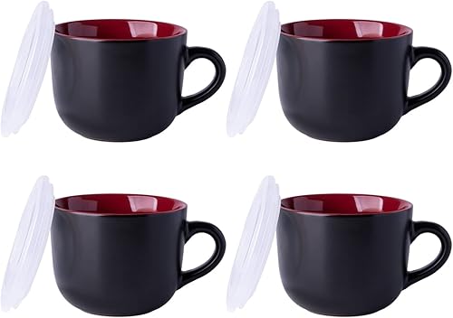 GBHOME Tazas de sopa de cerámica con tapa tazas de sopa de 24 onzas con Hanlde para café cereales ensalada fideos té microondas y lavavajillas juego