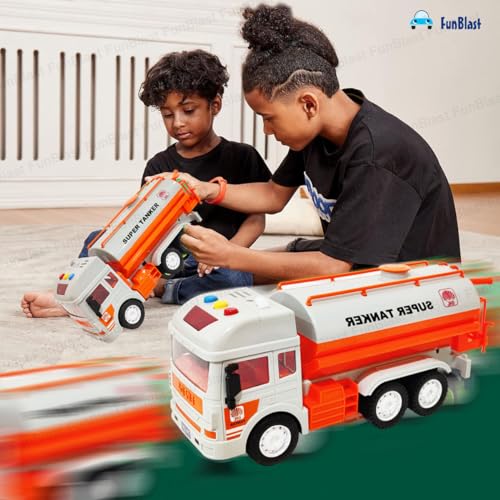 Image of FunBlast Super Tanker Truck Toys for Kids, Pull Back Vehicles Toy Truck, Unbreakable Plastic Trucks with Light and Sound, Friction Power Toy Trucks 3+ Years Old Boys Girls, & Kids (Multicolor)